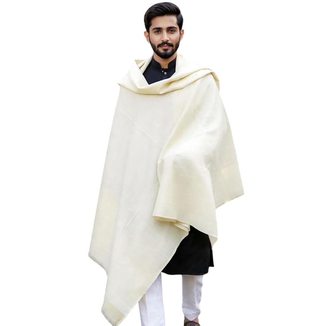 Premium Kashmiri Cream Men’s Shawl – Soft Lightweight Plain Traditional White Wrap for Wedding, College, School, Party, Function, Samman Samaroh & Perfect For Gift