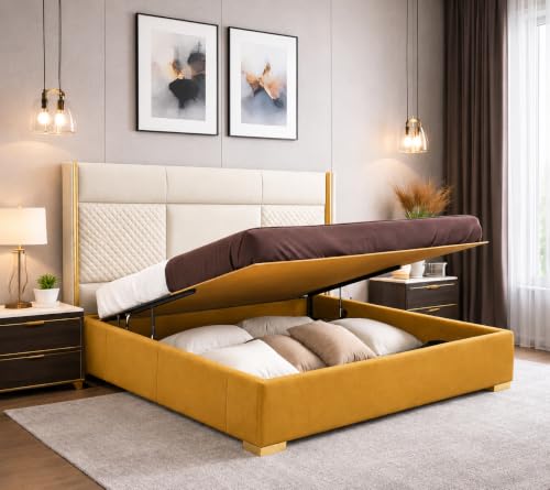 Image of Royal Modern Upholstered Queen Size Bed with Hydraulic Storage for Bedroom | Wooden Double Beds for Home & Hotels | Platform Cot Bed with Upholstery Fabric, 6.5 x 5 Ft | Sheesham, White-Gold