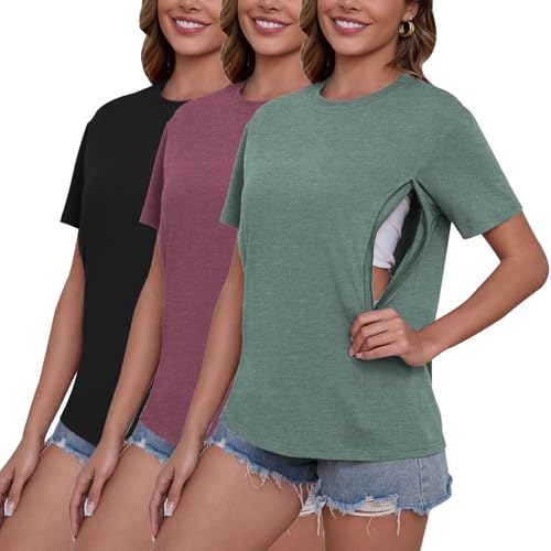 Image of Ecavus Women's 3-Pack Nursing Shirts for Breastfeeding with Hidden Zippers Loose Fit Maternity Tops