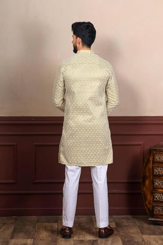 Image of LookMark Men's Printed Silk Blend Kurta with Mandarin Collar, Full Sleeves, Straight Fit Traditional Ethnic Wear