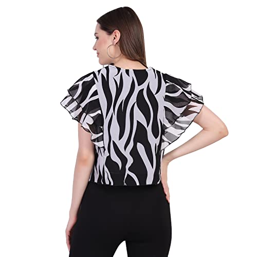 Image of Women's Pink Animal Printed Ruffle Sleeve Top, Western Style, Round-Neck