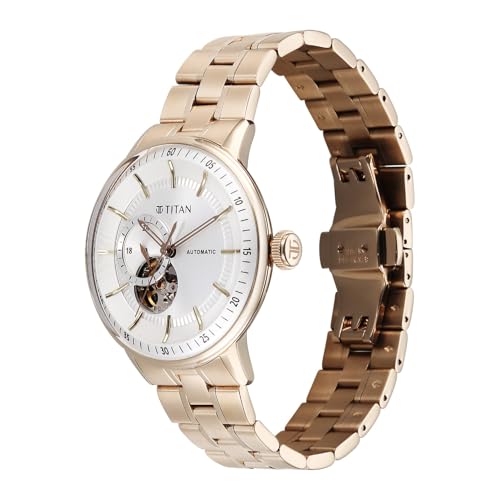 Image of Titan Orbital Open Heart Automatic Analog with White Dial Carnation Gold Stainless Steel Strap Watch for Men - 90226WM01