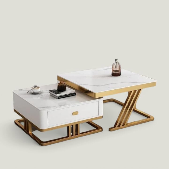 Image of RIZIK Stores Iron Frame Handmade Drawer Square Coffee Table /Nesting Table /Side Table /Center Table with Engineered Wood Top for Living Room /Drawing Room /Balcony (White Gold, 20 inchx20 inch)