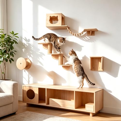 Étagères Murales pour Chat 5 en 1, Arbre à Chat Mural Bois avec Maison, Pont, Plateformes, Escalade, Tapis de Sisal, Meuble Mural Gain de Place pour Chat,...