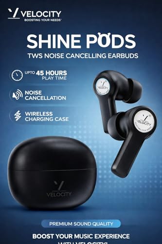 Image of Velocity ShinePods Wireless Earbuds with Deep Super Bass, Crystal Clear Sound, Gaming Mode, Type-C Fast Charging & Instant Pairing(Black)
