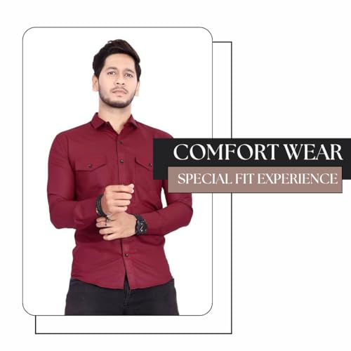 Image of Men's Cotton Spread Collar Full Sleeve Regular Fit Solid Casual Shirt with Double Pockets - Stylish Comfortable Shirt for Everyday Wear
