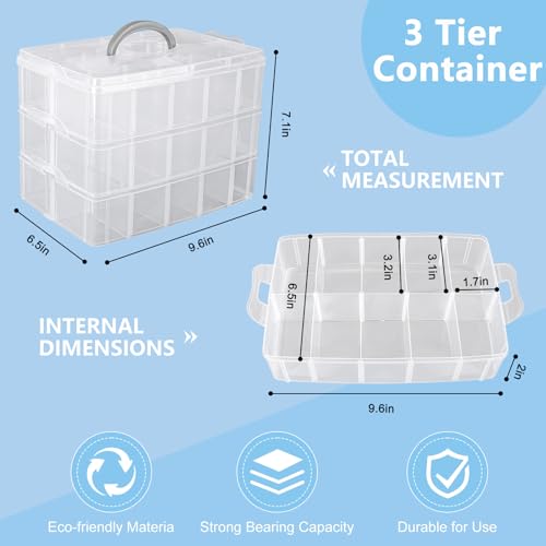 Image of 3-Tier Stackable Storage Container Box, Clear Adjustable Empty Plastic Nail Art Organizer Box with Handle & Lids, Fake Nail Organizers with 30 Compartment for Crafts, Art Supply Tool Accessory