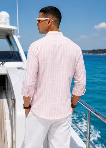 Image of Majestic Man Men's Pure Cotton Striped Mandarin Collar Regular Fit Roll-Up Sleeves Short Kurta