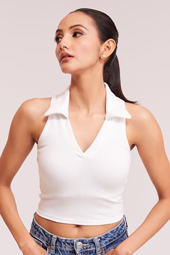 Image of BERRY BIRD Stylish Sleeveless V-Neck Slim Fit Collar Ribbed Knit Tank Crop Tops for Women & Girls Beach and Gym Wear and Western Trendy Fashion