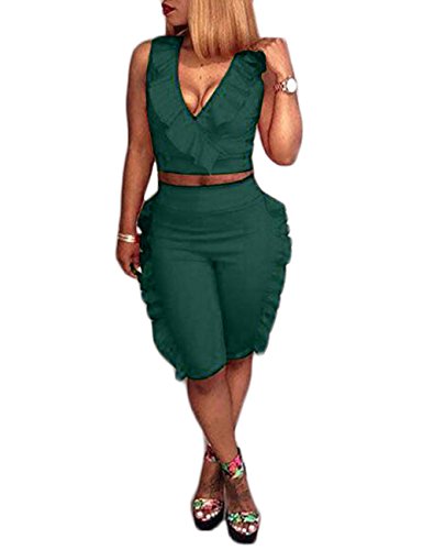 Solid 2 Piece Jumpsuit Romper Sexy V Neck Sleeveless Crop Tops and Shorts Set Clubwear Green 2XL