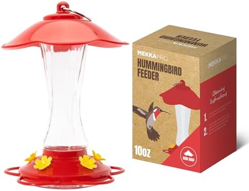 MEKKAPRO Hummingbird Feeders for Outdoors Glass - Red Hummingbird Feeders for Outdoors, Metal Ring, Bee-Proof Design, Easy Assembly, Red Hummingbird Feeder (Modern, 10oz)