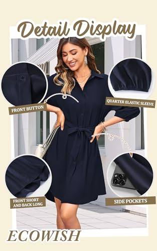 Image of ECOWISH Womens Button Shirt Dress with Pockets Fall Summer Short Mini Dresses Long Sleeve 3 /4 Sleeve Long Tunics Blouse Belt