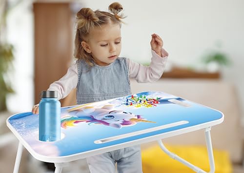 Image of Amazon Brand - Jam & Honey Foldable Laptop Table 4+ Years with Cup Holder & Tablet Stand, BIS Certified, Ergonomic Bed Desk with Ludo Game, Portable Study Table, Cute Unicorn Design, Blue