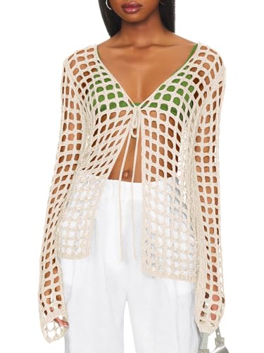 Saodimallsu Womens Long Sleeve Swimsuit Coverup Crochet Hollow Out Tie Front Swim Cover Up Knit Cardigan