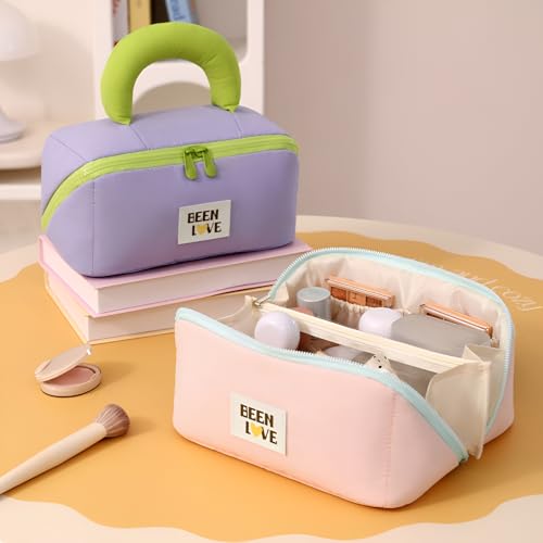 Image of Travel Makeup Bag for Women | Portable Cosmetic Organizer with Handle & Zipper | Waterproof Toiletry Pouch for Makeup Brushes, Skincare & Accessories (Cross Open Bag, Purple)