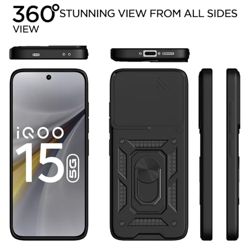 Image of Pikkme Back Cover for iQOO 15 5G | 360 Protection Case | Sliding Camera Shield Cover & Ring Holder Stand D10 Tough Armor Bumper Case (Black)