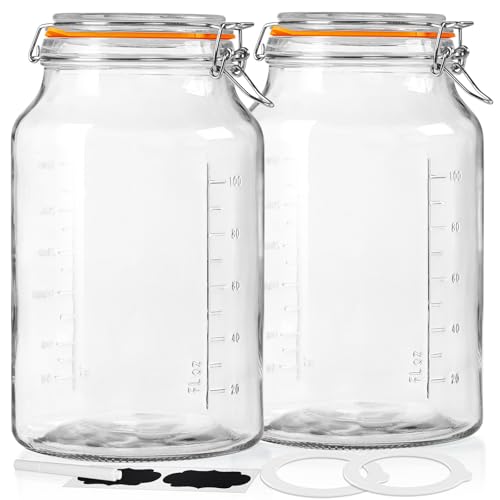 Absovetu Set of 2 Large Clip Top Glass Jars with Lids Airtight 4100ml - Wide Mouth Mason Jars with Lids Glass Storage Jars Fermentation Jar for Flour Spaghetti Pasta Pickling Storage Containers