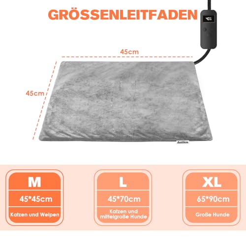Asstikoo Haustier Heizkissen für Katzen Hunde, einstellbare Hund Heizkissen mit 12 Stufen Timer und 30-55℃ Temperatur, Haustier Heizdecke Electric Pet Heizmatte (M - 45 * 45 cm)