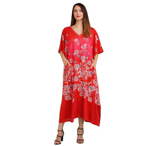 Image of Miss Lavish London Kaftan Dresses for Women,Beach Kaftan Coverups,Hawaiian Coverups for Women,Long Beach & Swimsuit Coverups,Plus Size African Caftan Dress,Moroccan Style Loungewear Red L