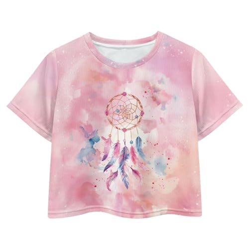 Image of Girls Crop Tops Cute Short Sleeve Shirts Fashion Tees for Kids Casual Crewneck Blouses Size 8-16 Years