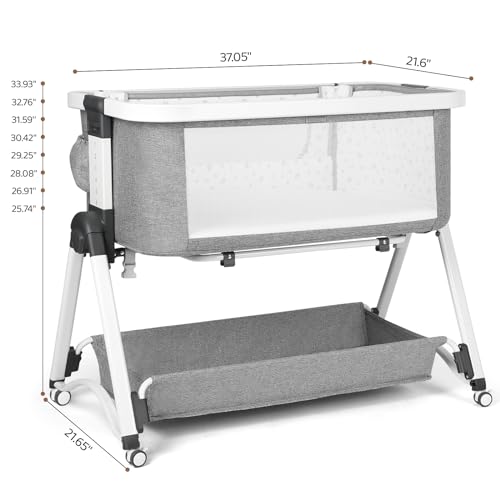 Cowiewie 2N1 Bassinet Cradle Waterproof Breathable Mattress | Rocking Function | Baby Bottle Bag Bassinet Bedside Sleeper with Storage Basket and Wheels