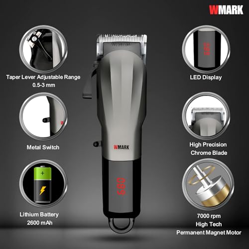 Image of WMARK Ng-115 Professional Zero Gapped Hair Clipper Self Sharpening Blade 7000 Rpm Magnetic Motor Charging Adaptor 4 Guide Comb Taper Lever Adjustments For Close Cut Trimming For Men,Grey