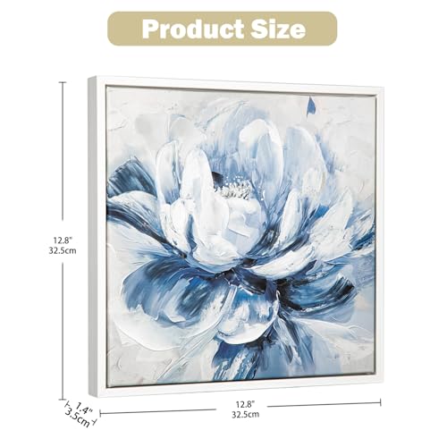 Hollyone Blumen Leinwandbilder 32.5x32.5 cm Ölgemälde Blume Wandkunst Gemälde Wohnzimmer Modern Wandbilder Schlafzimmer Handgemalt Blau Magnolie Gemälde Leinwand für Hotel Küche Büro Wanddeko