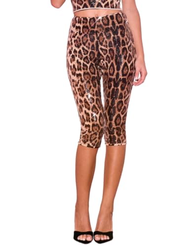 Sequin Cheetah Print Capri Pants for Women Sparkly Y2k Capris McBling Streetwear 2000s Clothes