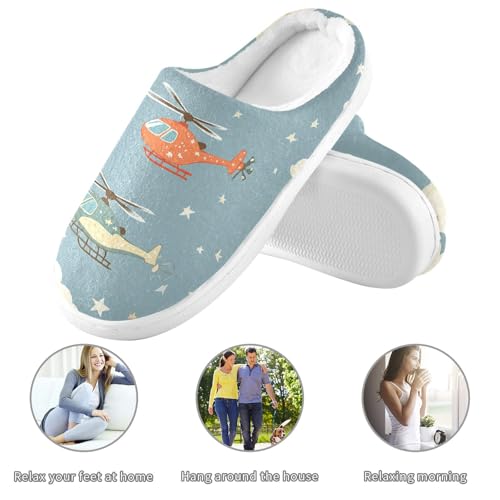 JUNZAN Helicopter Stars Cloud Silver Women Cotton Slippers Warm Memory Foam Mens Slippers for Travel Christmas Presents 6-73