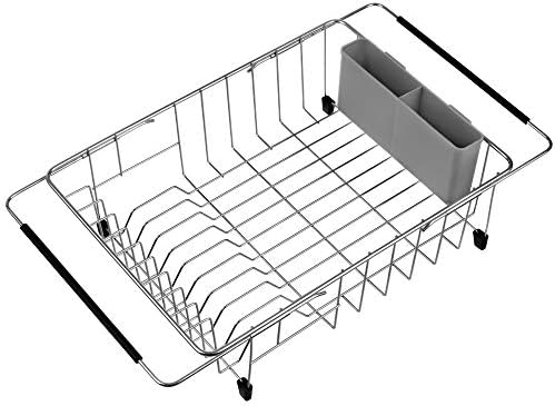 iPEGTOP Expandable Deep & Large Dish Drying Rack with Grey Utensil Cutlery Holder, Over The Sink, in Sink Or On Counter Dish Drainer, Rustproof Stainless Steel