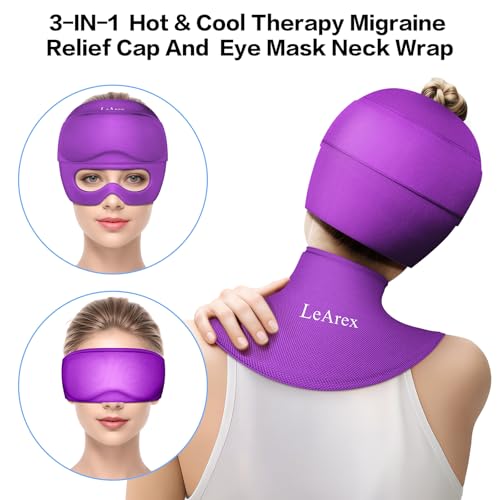 Image of 3 in 1 Migraine Relief Cap Neck Ice Pack Wrap Gel and Ice Eye Masks, Detachable Ice Caps with Eyes Masks, Hot and Cold Therapy for Relief of Headaches, Stiff Neck and Eye Fatigue (Purple)