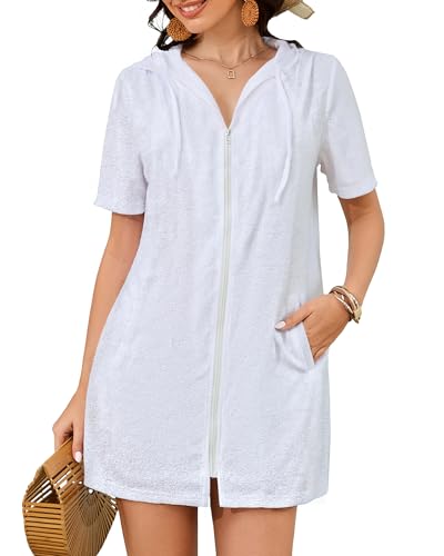 Bsubseach Cubierta de tela de rizo, para mujer, con cremallera, con capucha, para playa, con bolsillos, color blanco, talla XL