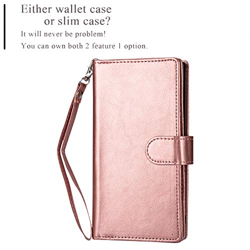 Black Sales Friday Deals Cyber Sales Monday Deals-iPhone 11 Wallet Case [2 in 1 Detachable] Premium Vintage Leather Wallet Case Magnetic Detachable Slim Back Cover Card Holder Wrist Strap(Rose Gold)