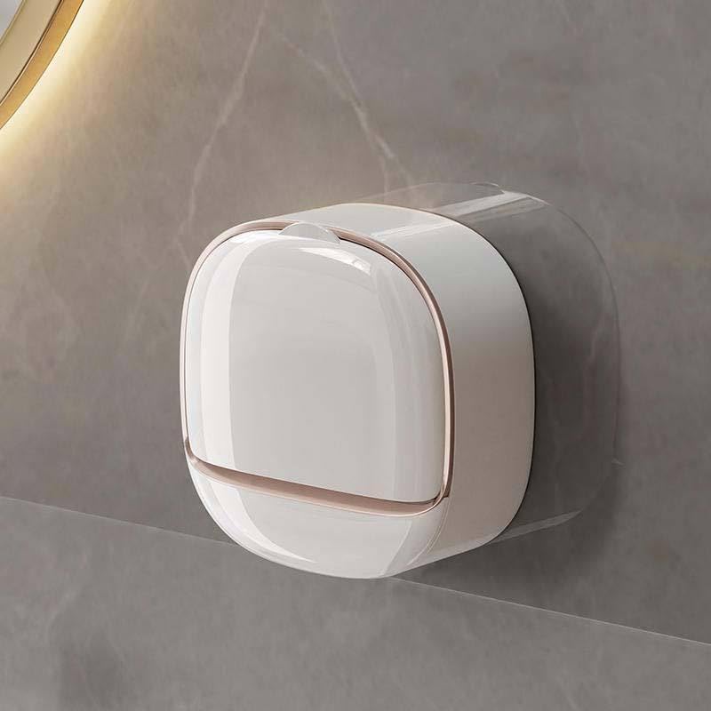 Wall Mounted Soap Box with Flip Cover and Drain Tray | Detachable Inner Support | Adhesive Sticker Installation | ABS Soap Holder for Bathroom (White)