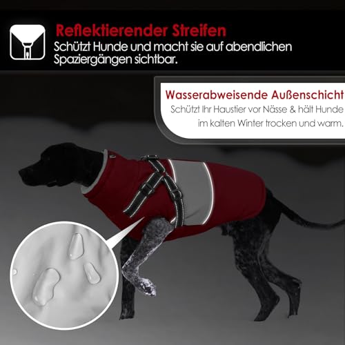 AOFITEE Hundemantel Grosse Hunde, Winter Wasserdicht Hundejacke Hundemantel mit Geschirr, Warmer Wintermantel Hundejacke Fleece Weste Winddicht Hunde Mantel für Deutsche Schäferhunde, Rot 3XL