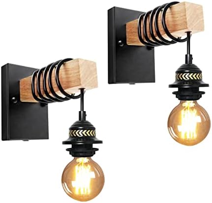Industrial Wall Light, 2 Pack E26/E27 Vintage Wall Lamp, Retro Indoor Wall Light, Wooden Metal Wall Sconce with 120CM Winding Wire and Lampshade Ring, Bedroom Bedside Reading Sconce