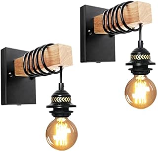 Industrial Wall Light, 2 Pack E26/E27 Vintage Wall Lamp, Retro Indoor Wall Light, Wooden Metal Wall Sconce with 120CM Winding Wire and Lampshade Ring, Bedroom Bedside Reading Sconce