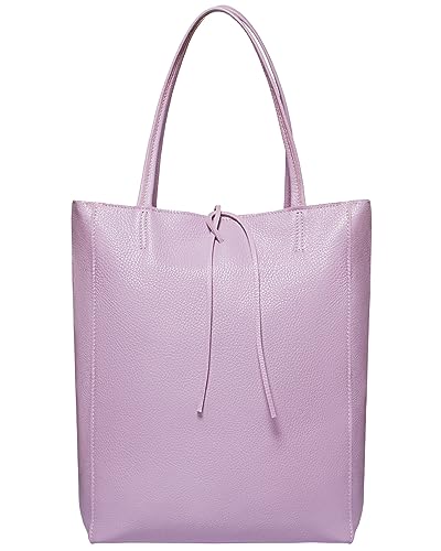 Image of Genuine Italian Leather Tote Bag for Women, Large Slouchy Purse, Lilac | Unstructured bag, raw unlined interior with zip pocket, top zipper, side ties, folds flat, fits a 16-inch laptop, lightweight