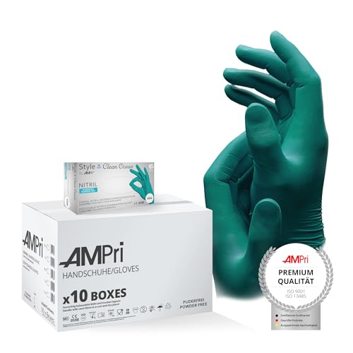 AMPri Guantes de nitrilo verde, 10 cajas de 100 unidades, talla L, sin polvo, estilo Clean Ocean by Med-Comfort: guantes desechables de nitrilo, guantes desechables en las tallas XS, S, M, L, XL
