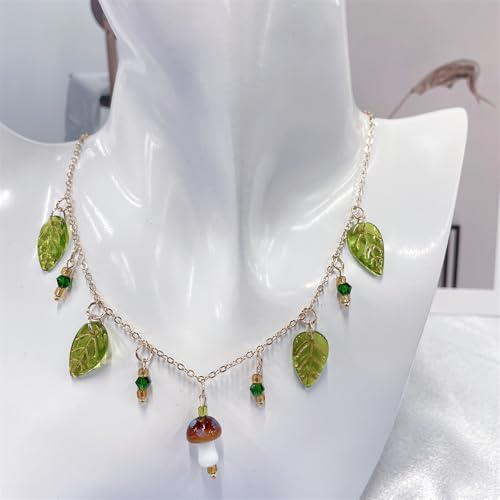 Mushroom Green Leaf Choker Necklace for Women Gold Plated Glass Glaze Red Mushroom Charm Pendant Necklaces Adjustable Chain Hypoallergenic Fashion Jewelry for Holiday3