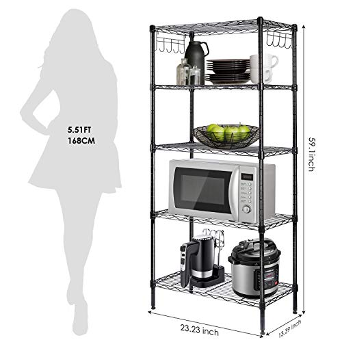 LEHOM 5-Wire Shelving Metal Storage Shelves, Adjustable Shelf with Stainless Side Hooks & Adjustable Leveling Feet for Laundry Bathroom Kitchen Pantry ,220 LBS Capacity- 23.63\"L×13.78\"W×59.1\"H Black