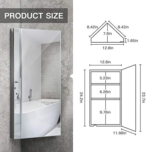 Dangjin Wall Mount Corner Medicine Cabinet With Mirror, 24.2” X 12.8" Inch Bathroom Wall Cabinet, Polished Stainless Steel - Right Open Mirror Door Three Shelves #TOP2