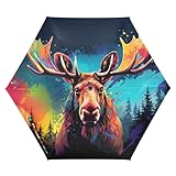 ZENWAWA Brightly Colored Moose Umbrella Auto Open Close, Windproof Automatic Travel Umbrella Compact with Case Pouch for Rain UV Protection Portable