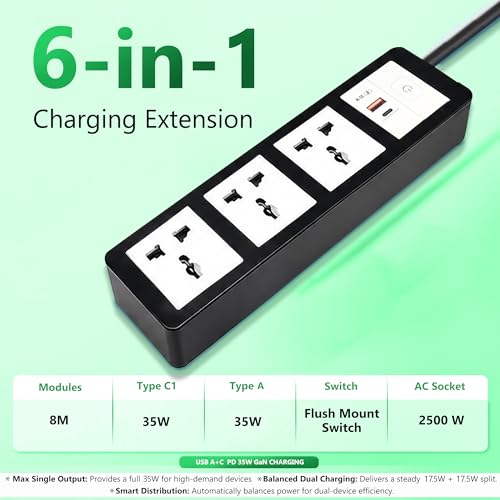 Image of MX 35W Extension Board PD GaN Charger Super Fast Charging 1 USB-A + C, 3 Universal 6 /13A AC Sockets (4000W) Multiport Desktop Power Strip for iPhone Android Laptop Tablet 50% in 30 mins 1.5M Cable