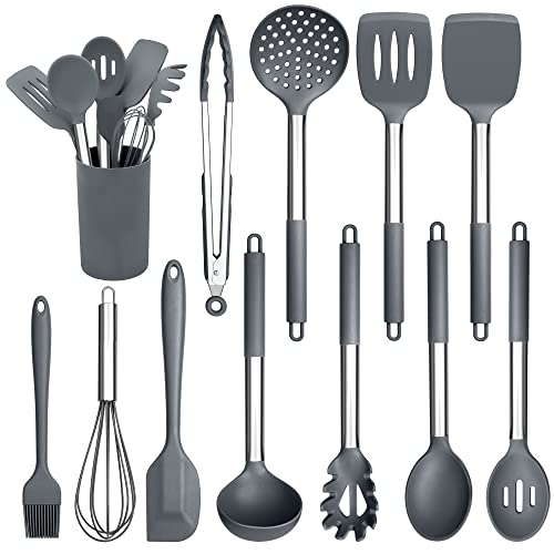 Herogo Kitchen Utensils Set, 12 Pieces Silicone Cooking Utensils with Stainless Steel Handle, Heat Resistant Cooking Tools Turner Spoon Spatula Set with Holder, Easy to Clean - Grey Herogo Kitchen Utensils Set, 12 Pieces Silicone Cooking Utensils with Stainless Steel Handle, Heat Resistant Cooking Tools Turner Spoon Spatula Set with Holder, Easy to Clean - Grey