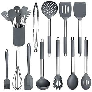 Herogo Kitchen Utensils Set, 12 Pieces Silicone Cooking Utensils with Stainless Steel Handle, Heat Resistant Cooking Tools Turner Spoon Spatula Set with Holder, Easy to Clean – Grey