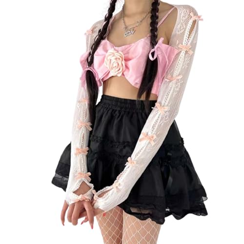 Women's Mesh Lace Shrug Crop Top Y2K Aesthetic Arm Sleeves Cardigan with Bow Grunge Cute Fairycore Accessories