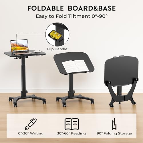 Image of BONTEC Mobile Foldable Standing Desk, Portable Adjustable Height Desk with Gas Spring, Small Rolling Laptop Desk with Wheels for Home, Office, Bedroom, and Medical Use, 25.6 inch x 19.7 inch Desktop, Black