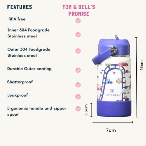 Image of TOM & BELL Kids 350ml Thermos Sipper Bottle for Kids | Toddlers Bottle|Stainless Steel Hot & Cold Water Bottle | Double Walled Vacuum Flask| Rust Resistant| Leakproof. (Blue350)
