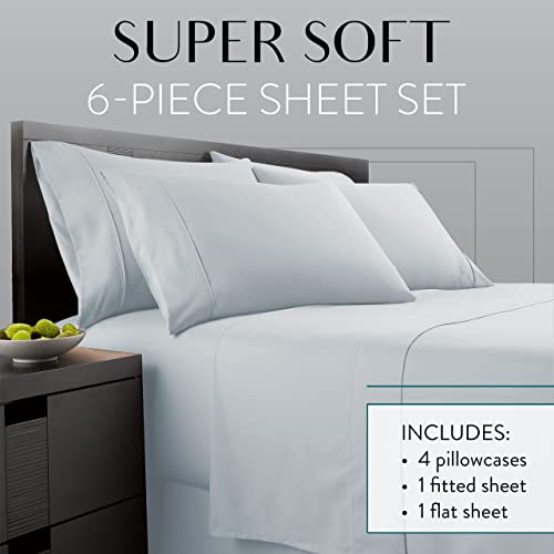 Danjor Linens Full Size Sheets Set - 6 Piece Set Including 4 Pillowcases- Deep Pockets - Breathable, Soft Bed Sheets - Wrinkle Free - Machine Washable - Ice Blue Bed Sheets - 6 Pc #TOP1